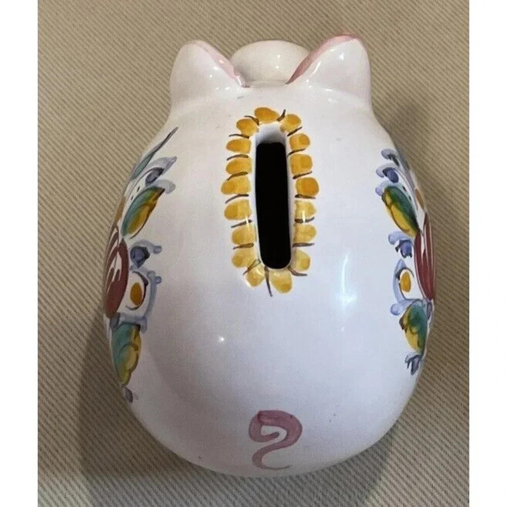 Ceramic Slovenska‎ Folk Art Piggy Pig Bank Figure Colorful Floral Hearts